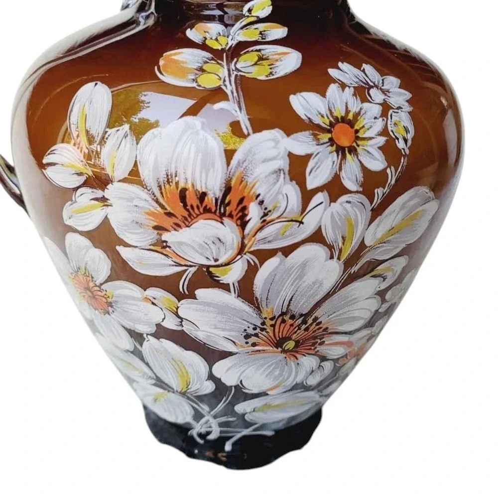 Ardalt Italian Art Glass Pitcher‎ Clear Handle Brown White Floral - Picture 3 of 8